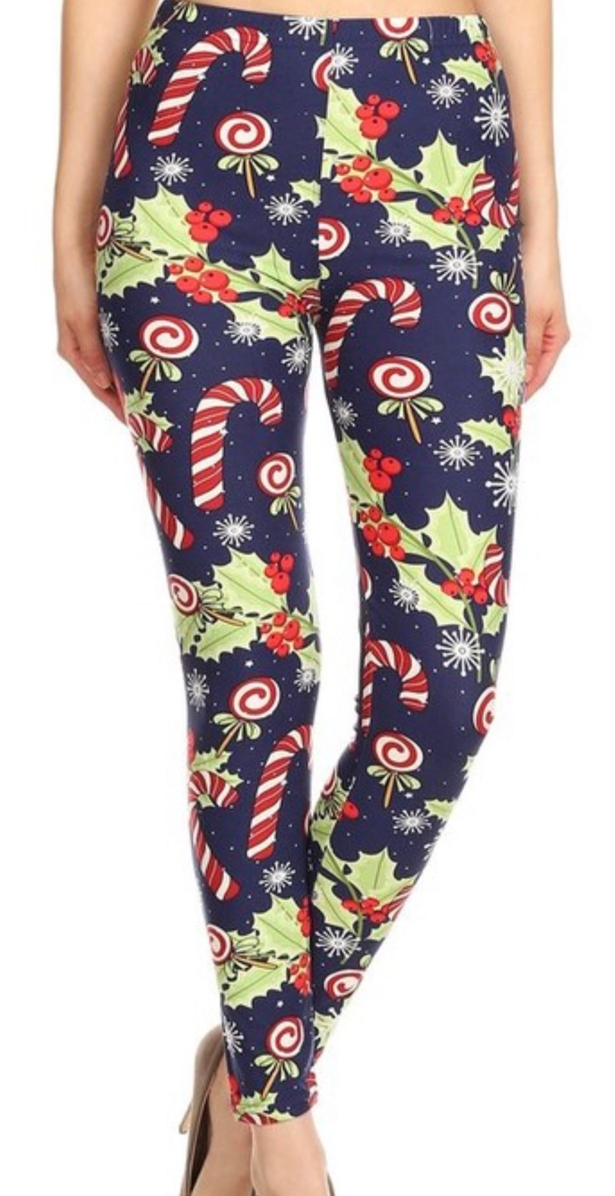 3X4X Ponsettia CandyCane PRINT Brushed Ankle PLUS SIZE Leggings