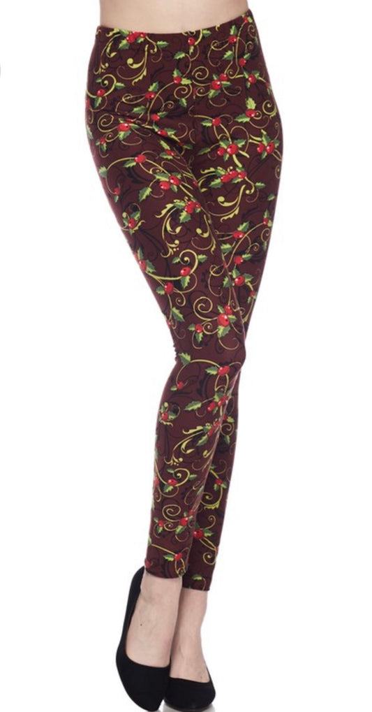 3X4X Christmas Holly PRINT Brushed Ankle PLUS SIZE Leggings