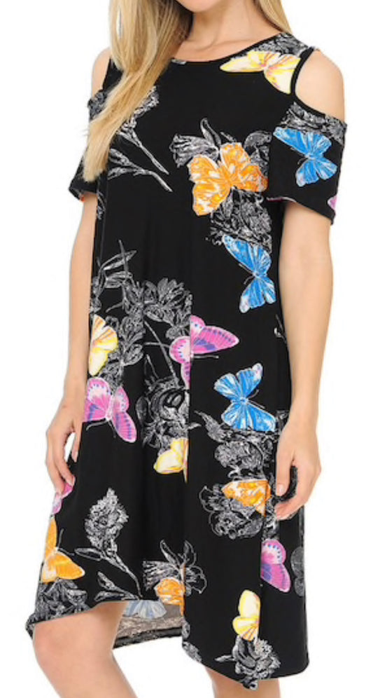 Buttery Soft Cold Shoulder BEAUTIFUL BUTTERFLY Shift Dress