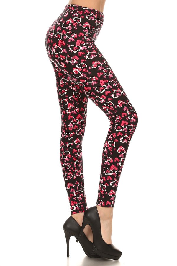 WHITE PINK HEARTS PRINT Brushed Ankle ONE SIZE Leggings