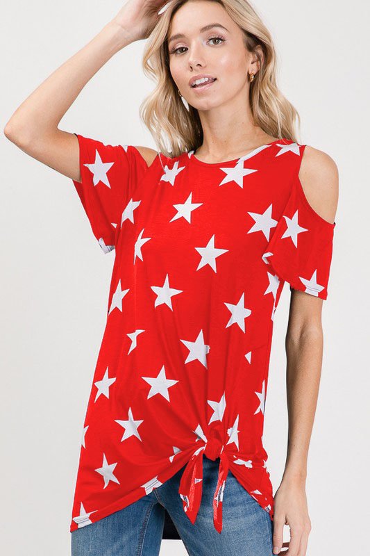 COLD SHOULDER SHORT SLEEVE STAR PRINT TOP WITH TIE DETAIL