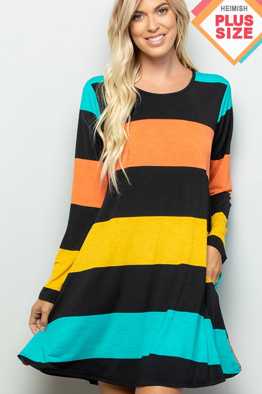 LONG SLEEVE MULTI COLOR BLOCK DRESS WITH SIDE POCKET