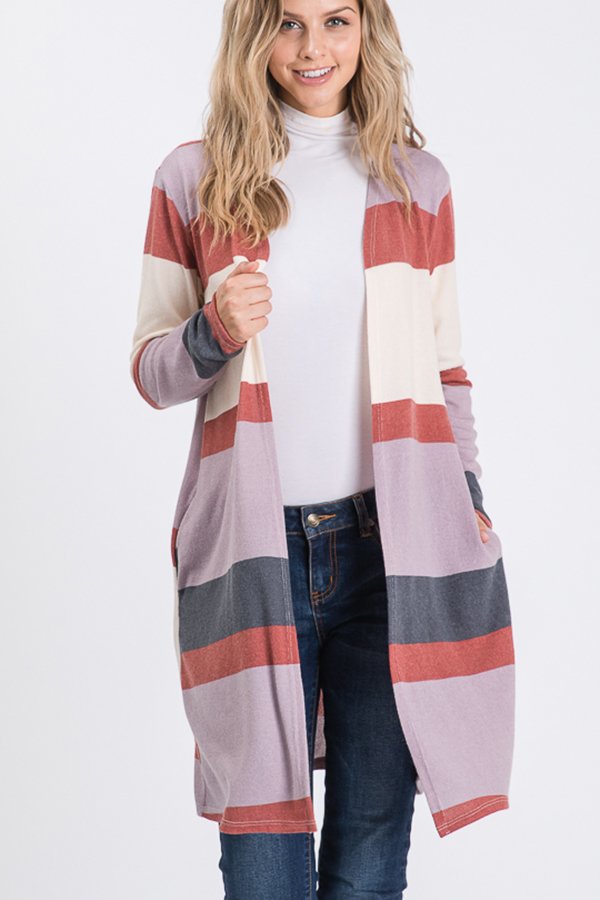 LONG SLEEVE MULTI COLOR BLOCK PRINT OPEN CARDIGAN WITH SIDE POCKETS