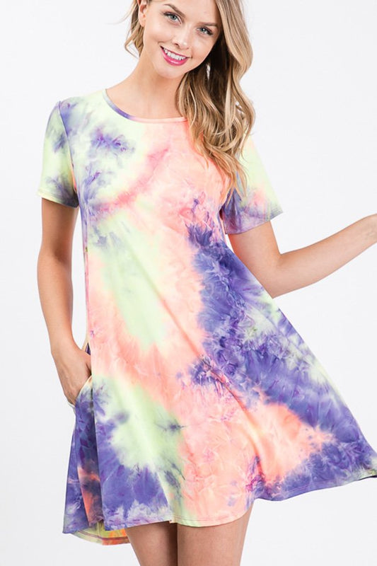 SHORT SLEEVE MULTI PRINT TIE DYE DRESS WITH SIDE POCKET