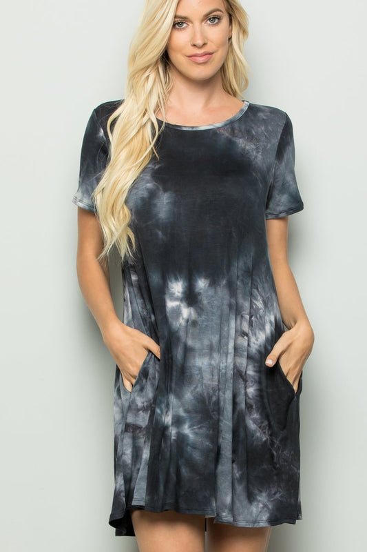 SHORT SLEEVE TIE DYE DRESS WITH SIDE POCKET