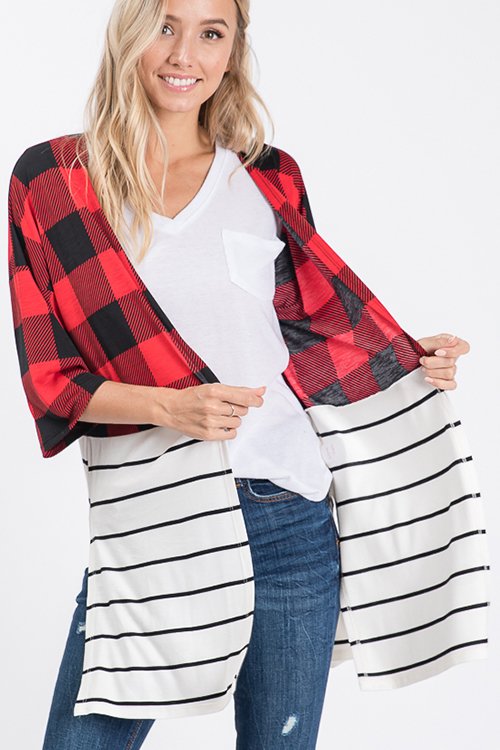 THREE QUARTER SLEEVE PLAID AND STRIPE PRINT CONTRAST OPEN CARDIGAN WITH SIDE SLIT DETAIL