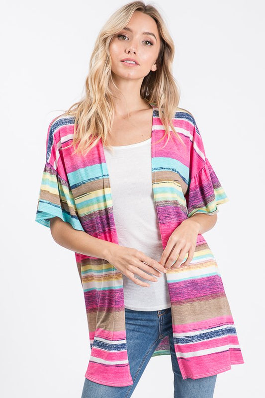 RUFFLED SLEEVE MULTI COLOR PRINT KIMONO CARDIGAN