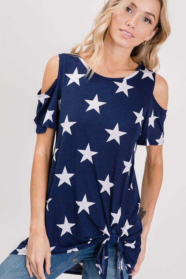 COLD SHOULDER SHORT SLEEVE STAR PRINT TOP WITH TIE DETAIL