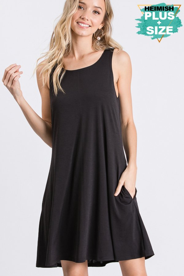 SLEEVELESS ROUND NECK SOLID DRESS WITH SIDE POCKET