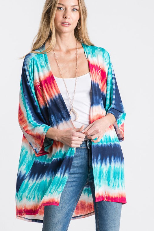 THREE QUARTER SLEEVE MULTICOLOR TIE DYE PRINT KIMONO OPEN CARDIGAN