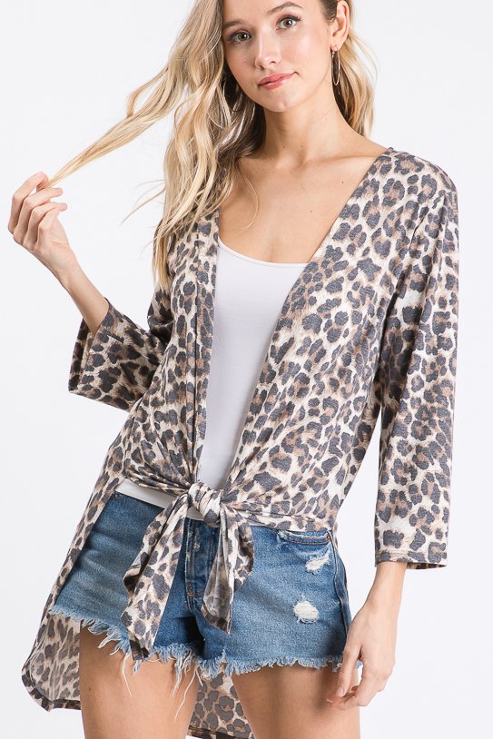 THREE QUARTER SLEEVE LEOPARD ANIMAL PRINT OPEN CARDIGAN WITH SIDE SLIT AND SELF TIE