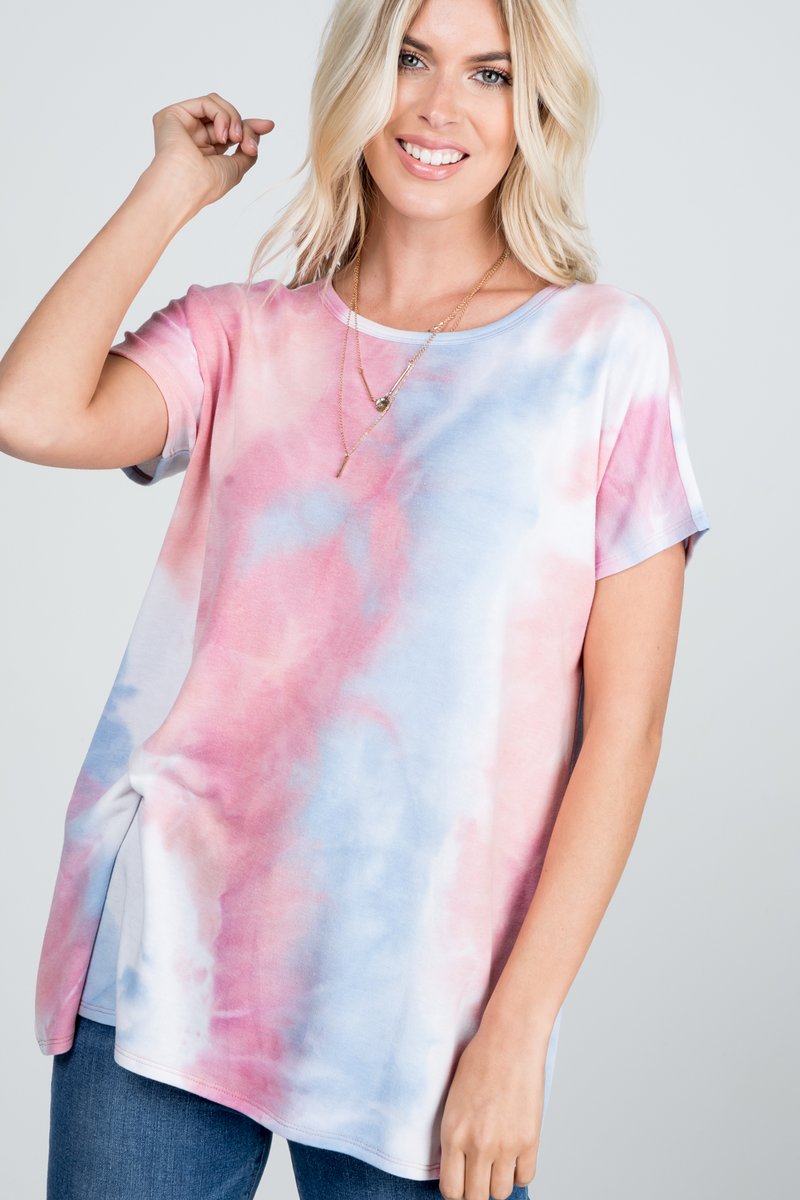 SHORT SLEEVE ROUND NECK MULTICOLOR TIE DYE PRINT TOP