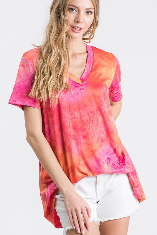 SHORT SLEEVE V NECK TIE DYE PRINT TOP