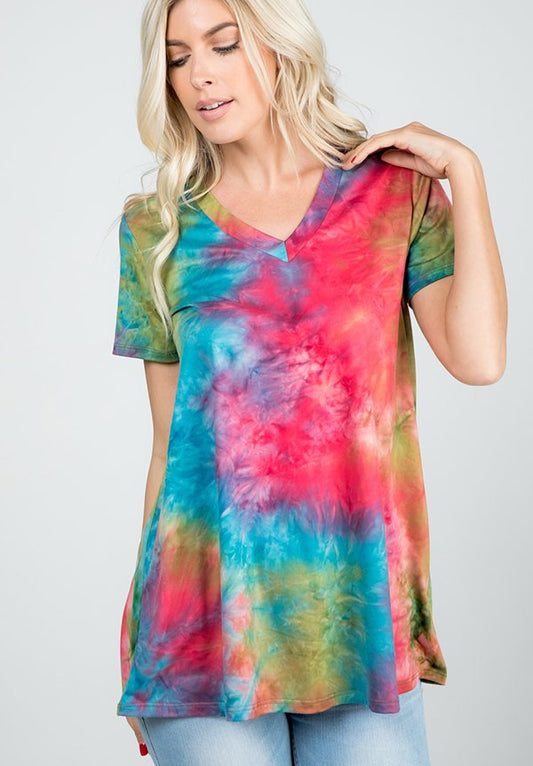 SHORT SLEEVE V NECK MULTICOLOR TIE DYE PRINT TOP