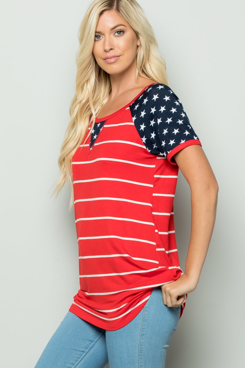 SHORT SLEEVE STRIPE AND STAR PRINT CONTRAST TOP