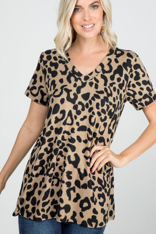 SHORT SLEEVE V NECK LEOPARD ANIMAL PRINT TOP