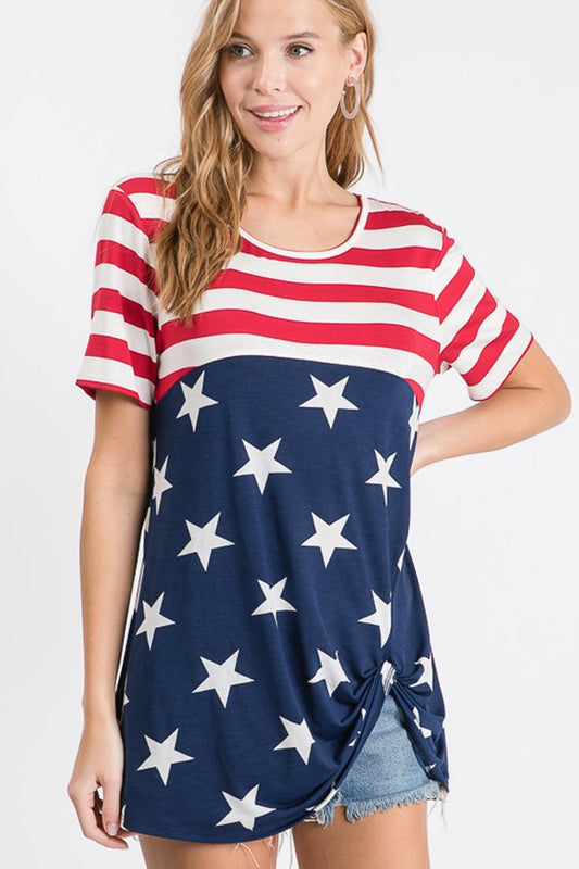 SHORT SLEEVE STRIPE AND STAR PRINT AMERICAN FLAG TOP WITH TWIST KNOT DETAIL