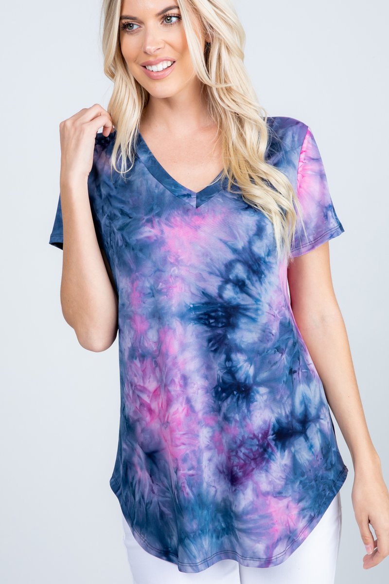 SHORT SLEEVE V NECK ROUND HEM MULTICOLOR TIE DYE PRINT TOP