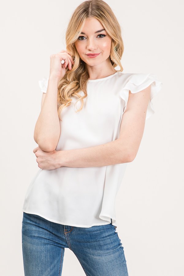 SHORT SLEEVE SOLID BASIC RUFFLE TOP WITH BACK KEYHOLE