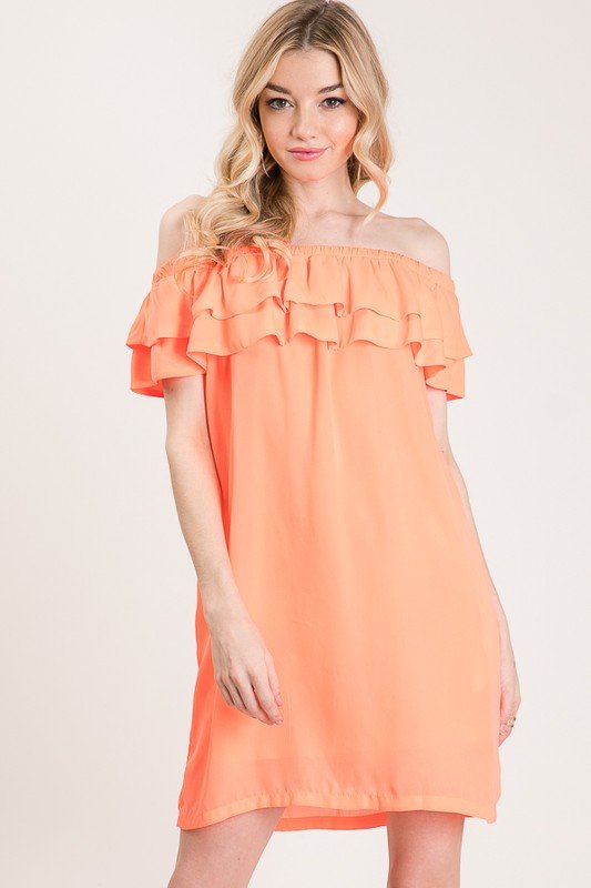 SHORT SLEEVE RUFFLE OFF SHOULDER SOLID MIDI DRESS WITH POCKETS