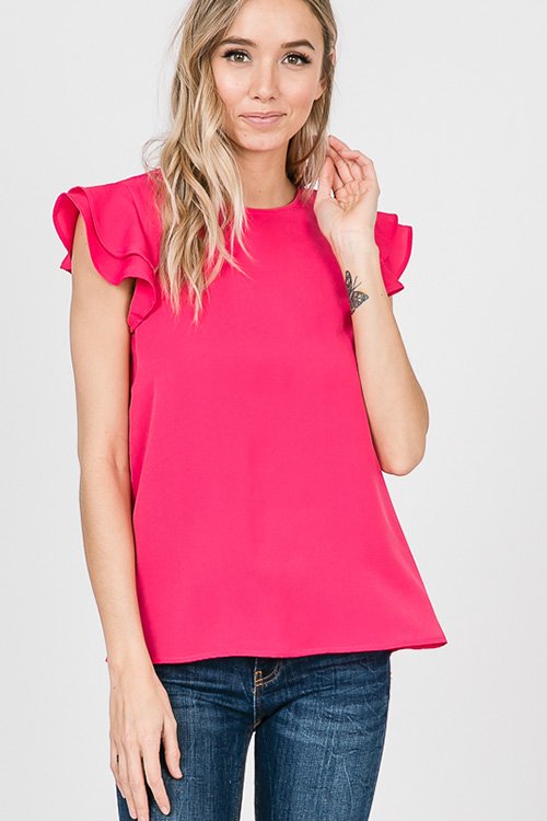 SHORT SLEEVE SOLID BASIC RUFFLE TOP WITH BACK KEYHOLE