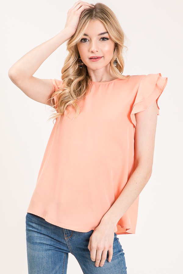 SHORT SLEEVE SOLID BASIC RUFFLE TOP WITH BACK KEYHOLE