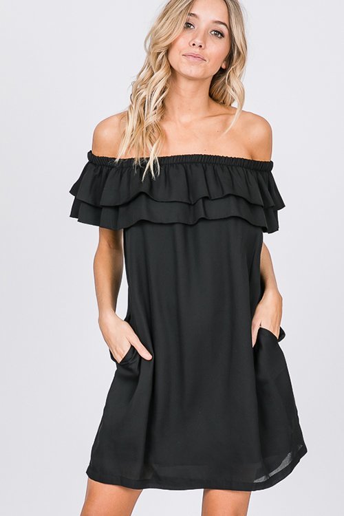 SHORT SLEEVE RUFFLE OFF SHOULDER SOLID MIDI DRESS WITH POCKETS