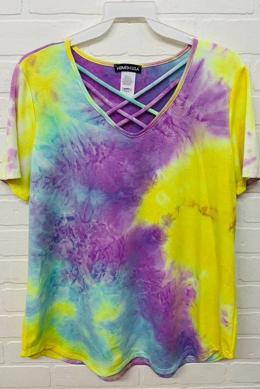 SHORT SLEEVE CRISSCROSS NECK TIE DYE PRINT TOP