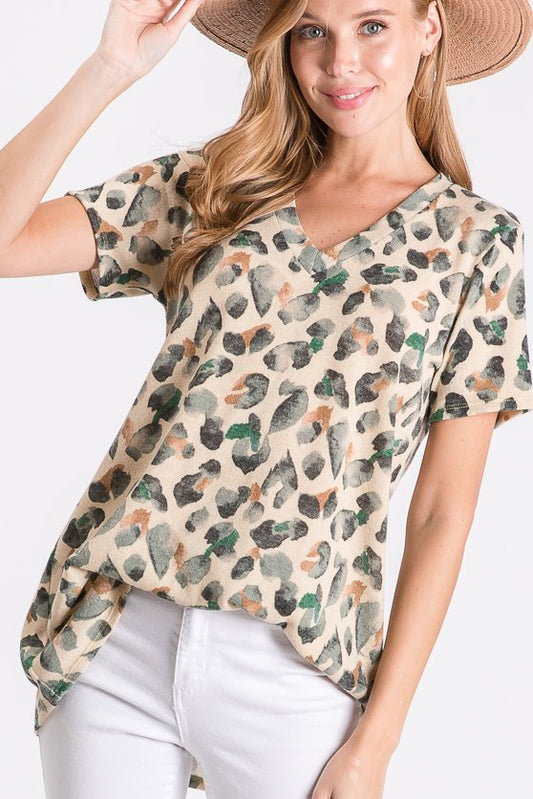 SHORT SLEEVE V NECK ANIMAL LEOPARD MULTI COLOR PRINT TOP