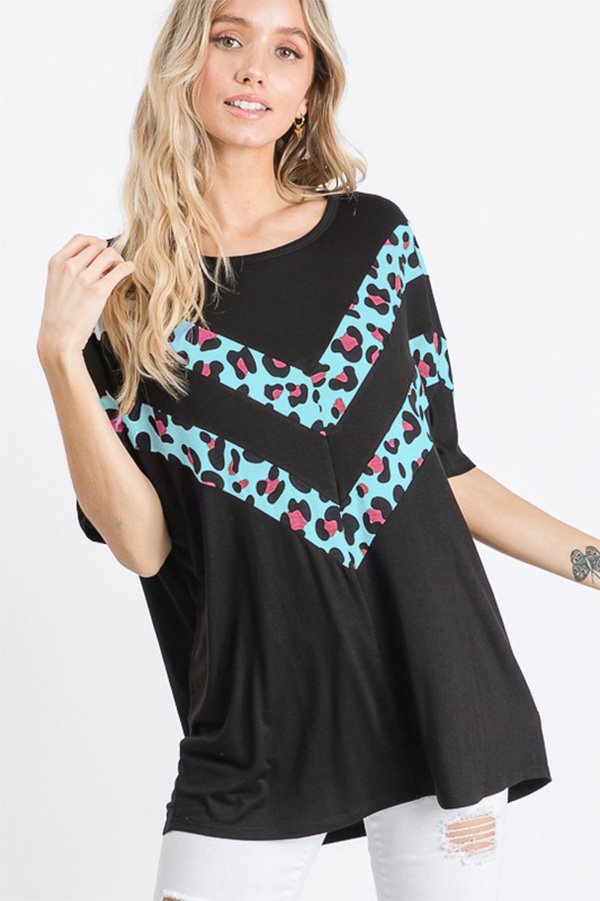 SHORT SLEEVE SOLID AND LEOPARD ANIMAL PRINT CHEVRON CONTRAST TOP