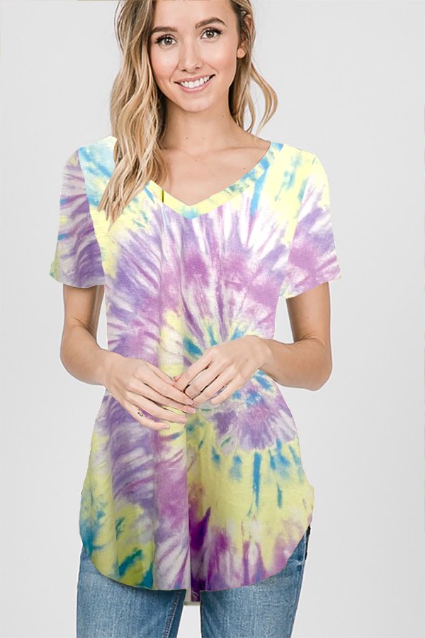 SHORT SLEEVE V NECK TIE DYE PRINT TOP