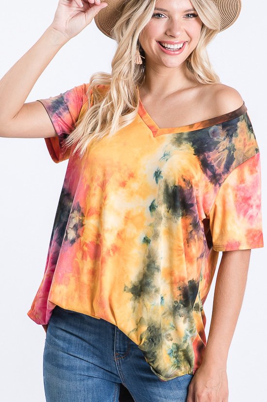 SHORT SLEEVE V NECK TIE DYE PRINT TOP