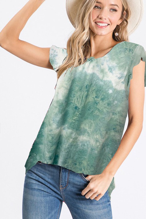 RUFFLED SHORT SLEEVE ROUND NECK ROUND HEM TIE DYE PRINT TOP