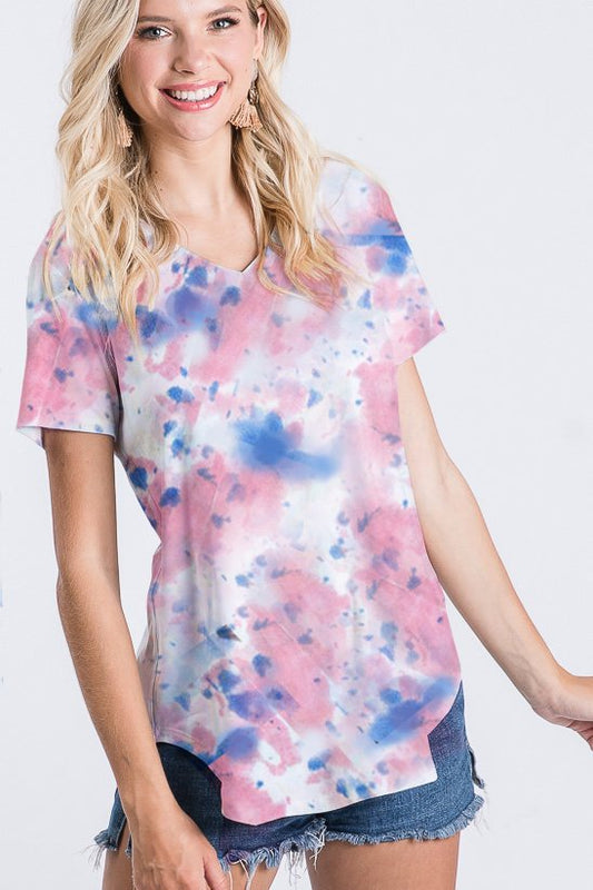 SHORT SLEEVE V-NECK MULTI COLOR PRINT TOP