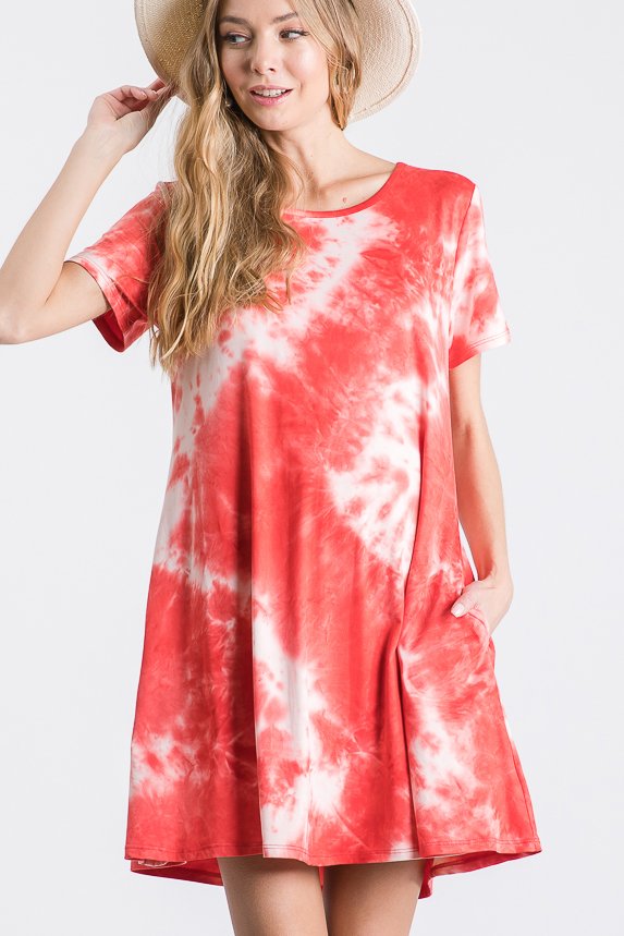 SHORT SLEEVE TIE DYE PRINT DRESS WITH SIDE POCKET