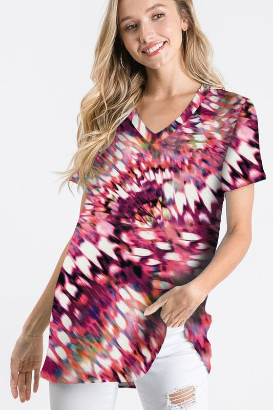 SHORT SLEEVE V NECK MULTI COLOR TIE DYE PRINT TOP