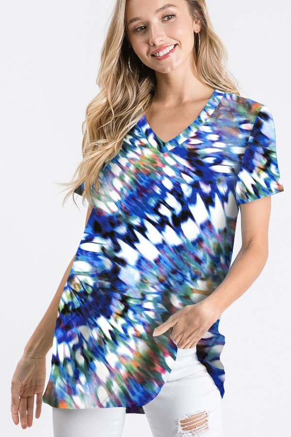 SHORT SLEEVE V NECK MULTI COLOR TIE DYE PRINT TOP