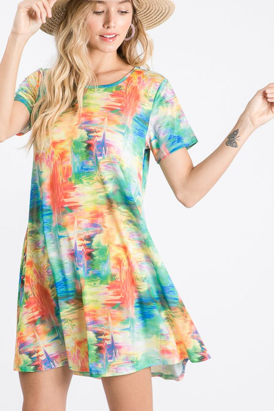 SHORT SLEEVE MULTI COLOR PRINT DRESS WITH SIDE POCKET DETAIL