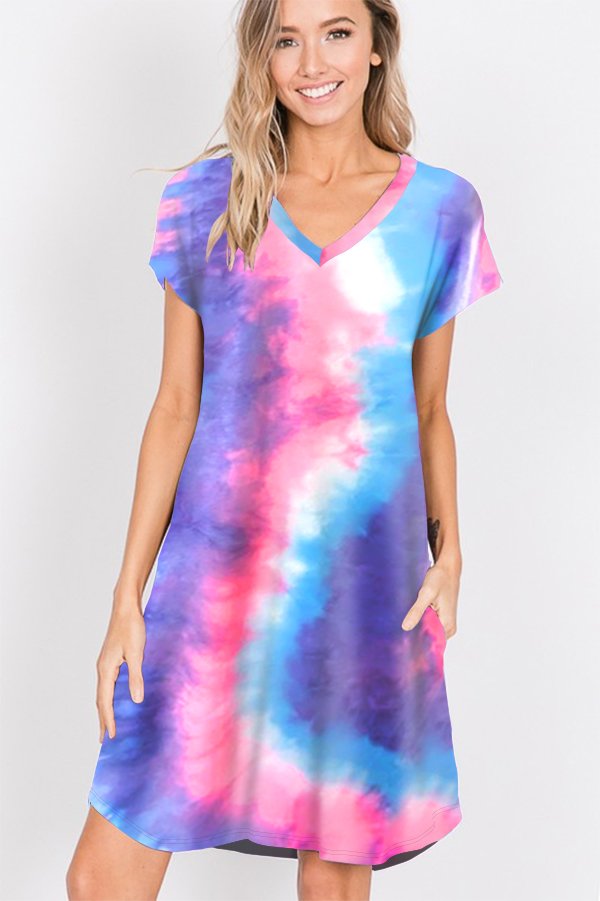 SHORT SLEEVE V NECK MULTICOLOR TIE DYE PRINT DRESS WITH SIDE POCKET