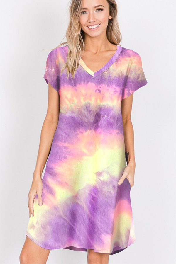 SHORT SLEEVE V NECK MULTICOLOR TIE DYE PRINT DRESS WITH SIDE POCKET