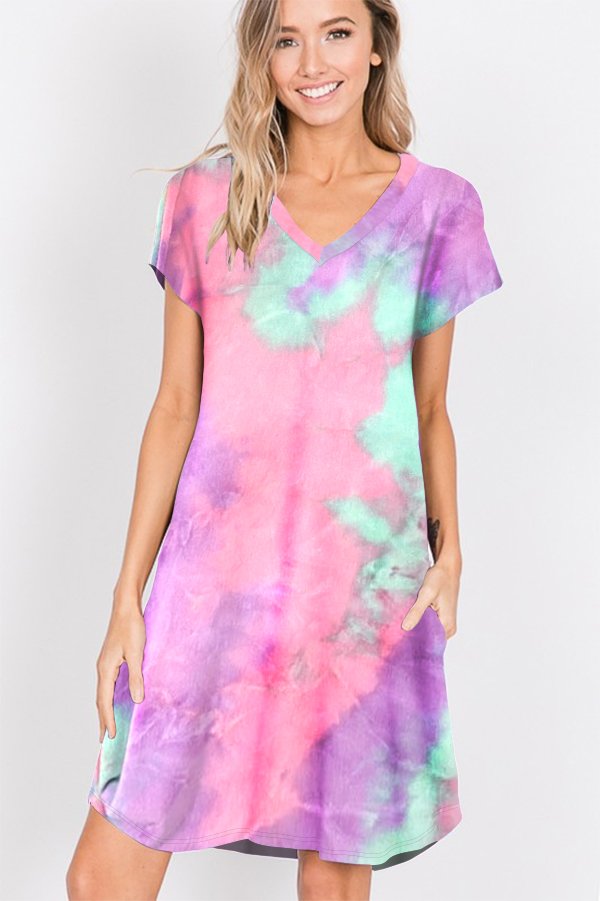 SHORT SLEEVE V NECK MULTICOLOR TIE DYE PRINT DRESS WITH SIDE POCKET