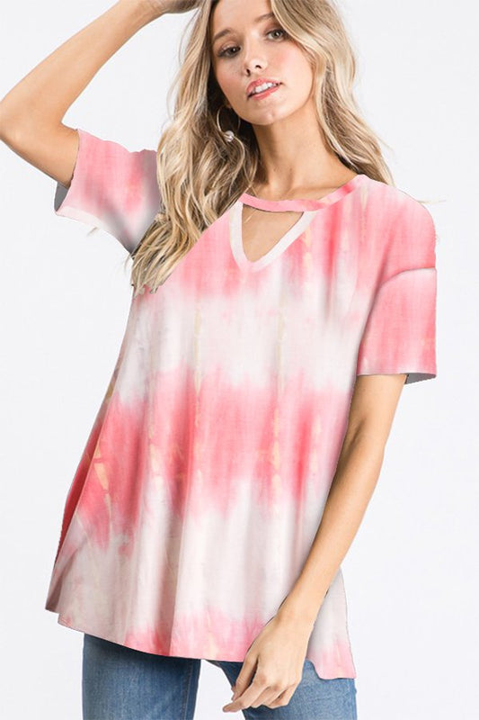 SHORT SLEEVE TIE DYE SNAKE PRINT KEYHOLE TOP