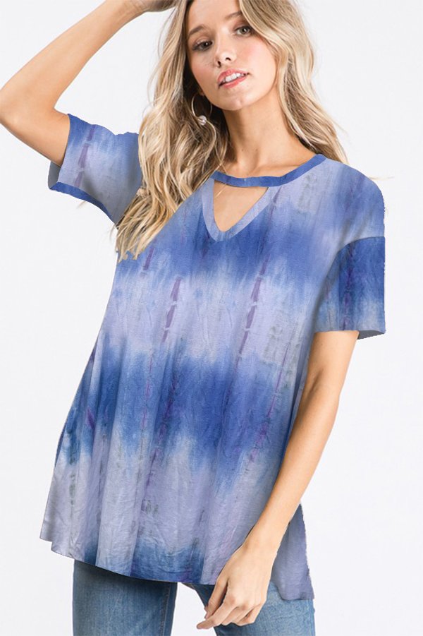 SHORT SLEEVE TIE DYE SNAKE PRINT KEYHOLE TOP