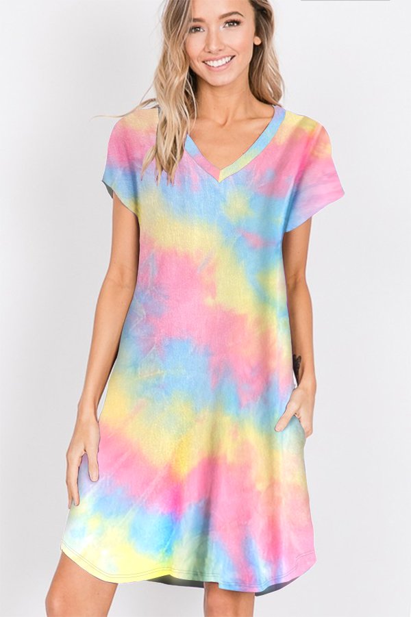 SHORT SLEEVE V NECK MULTICOLOR TIE DYE PRINT DRESS WITH SIDE POCKET