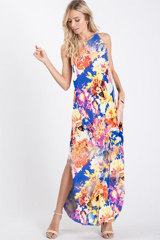 SLEEVELESS FLORAL PRINT MAXI DRESS WITH SIDE POCKET