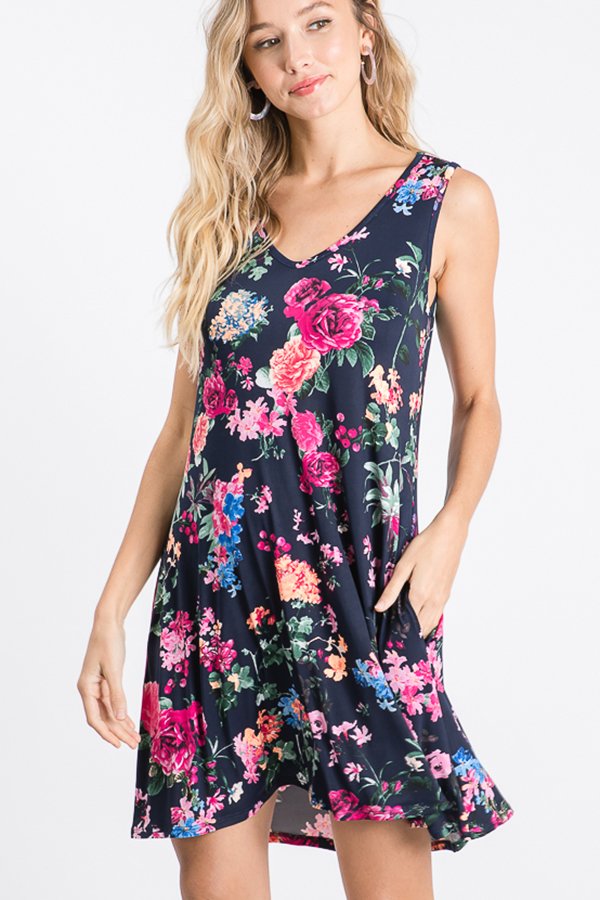 SLEEVELESS FLORAL PRINT DRESS WITH SIDE POCKET