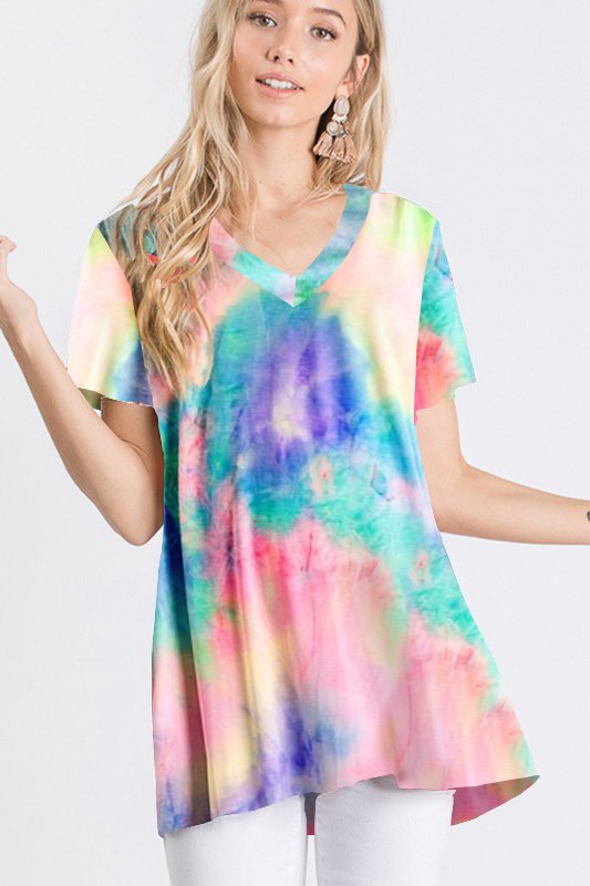 SHORT SLEEVE V NECK TIE DYE PRINT TOP