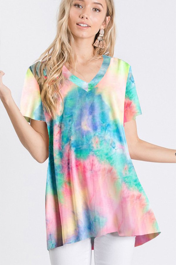 SHORT SLEEVE V NECK TIE DYE PRINT TOP