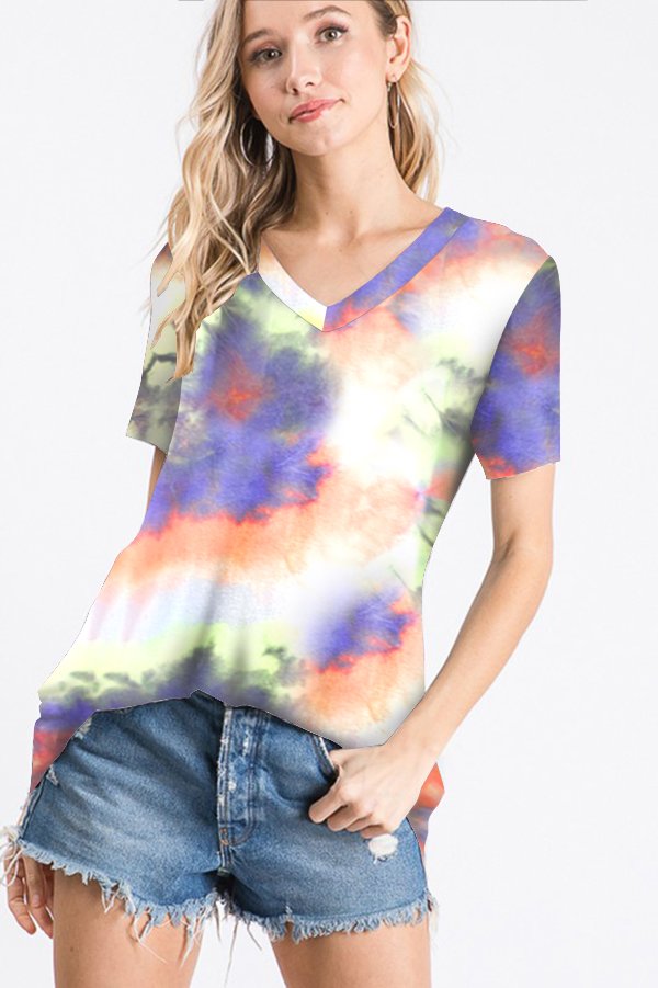 SHORT SLEEVE V NECK TIE DYE PRINT TOP