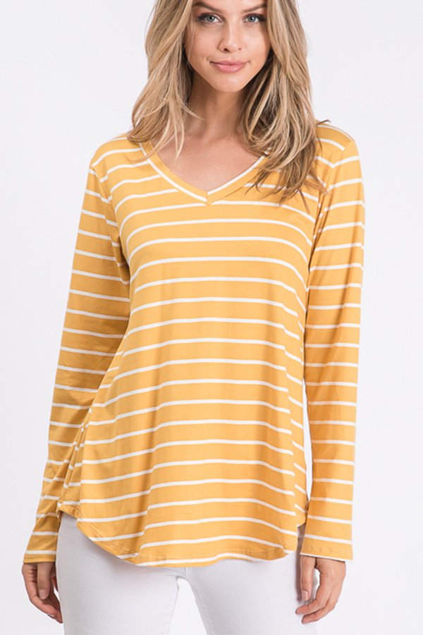 LONG SLEEVE V NECK STRIPE PRINT TOP